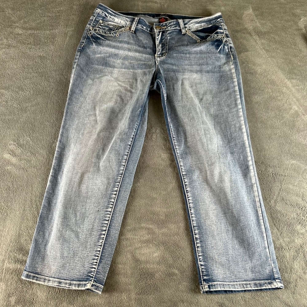 Earl Jean‎ Womens 14 Medium Wash Embellished Paisley Cropped Denim Jeans Blue